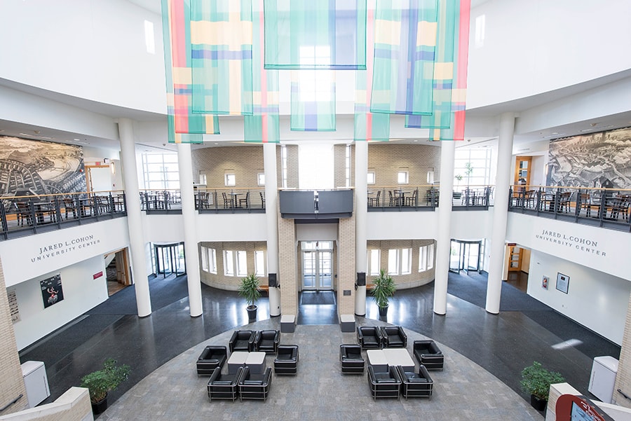 Photo of Kirr Commons from the second floor of the University Center looking down