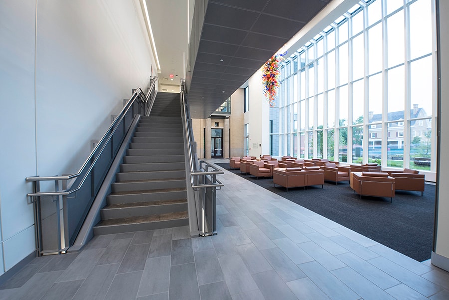 Photo of Lee Lobby with a view up the staircase to the second level of the Cohon Center