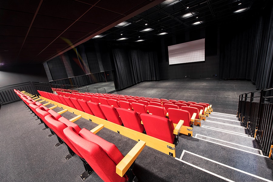 Photo of the Studio Theater from the audience seating area looking towards the stage