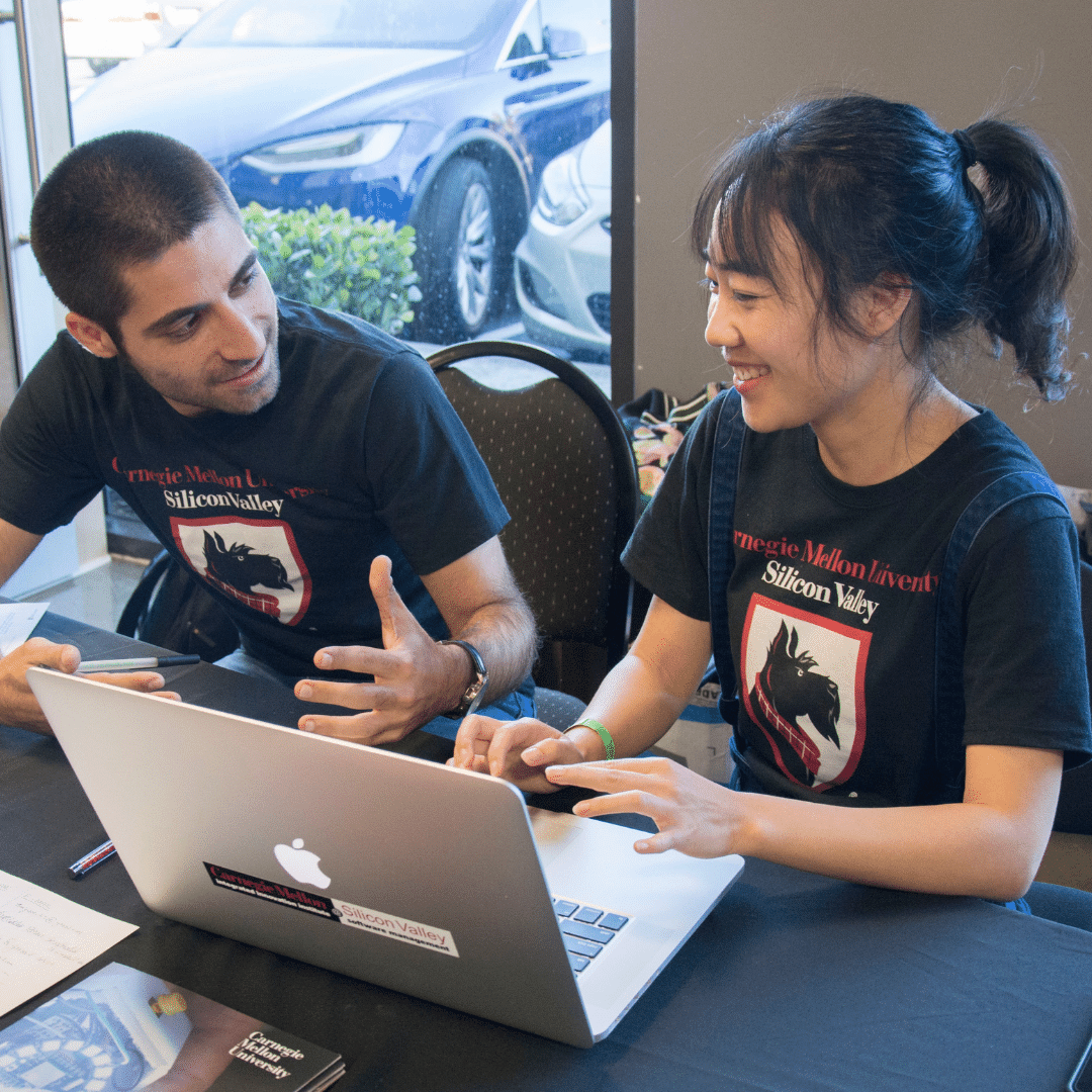 two students chat with silicon valley t shirts on