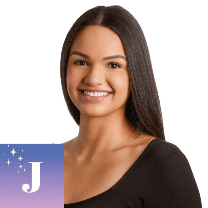 Cusell has dark brown straight hair, parted in the middle. She is wearing a black scoop neck top. The company's logo - Jisell - is capital J in white font against a blue-to-purple ombre background.