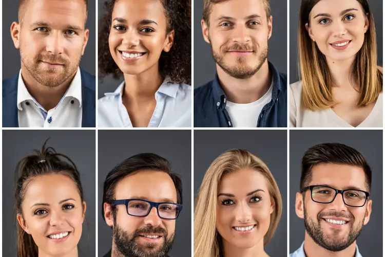 A stock photo collage of employee headshots