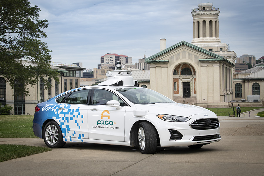 A photo of an Argo autonomous vehicle.