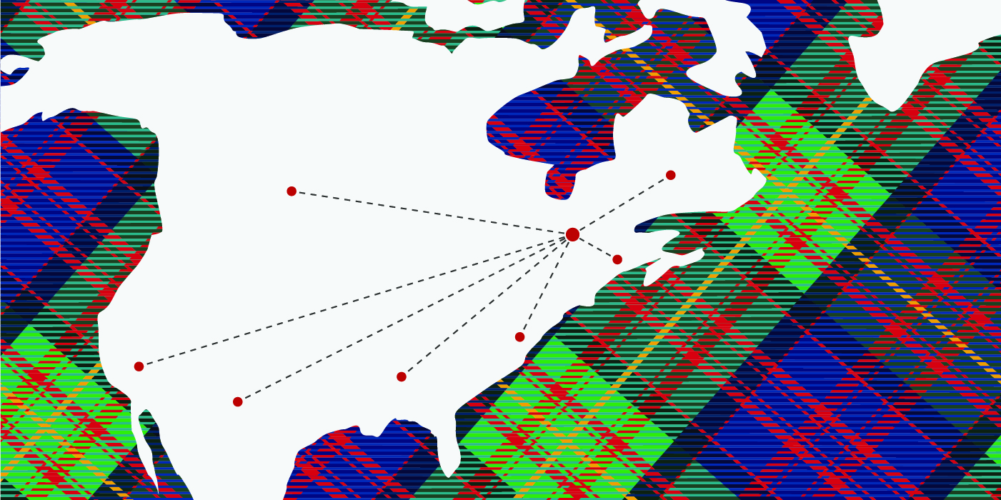 map of north america with lines pointing from Pittsburgh to where conferences are