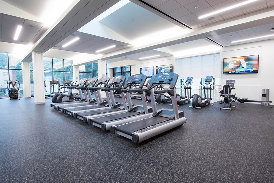 Photo of Fitness Center featuring treadmills and bikes, with view towards Forbes