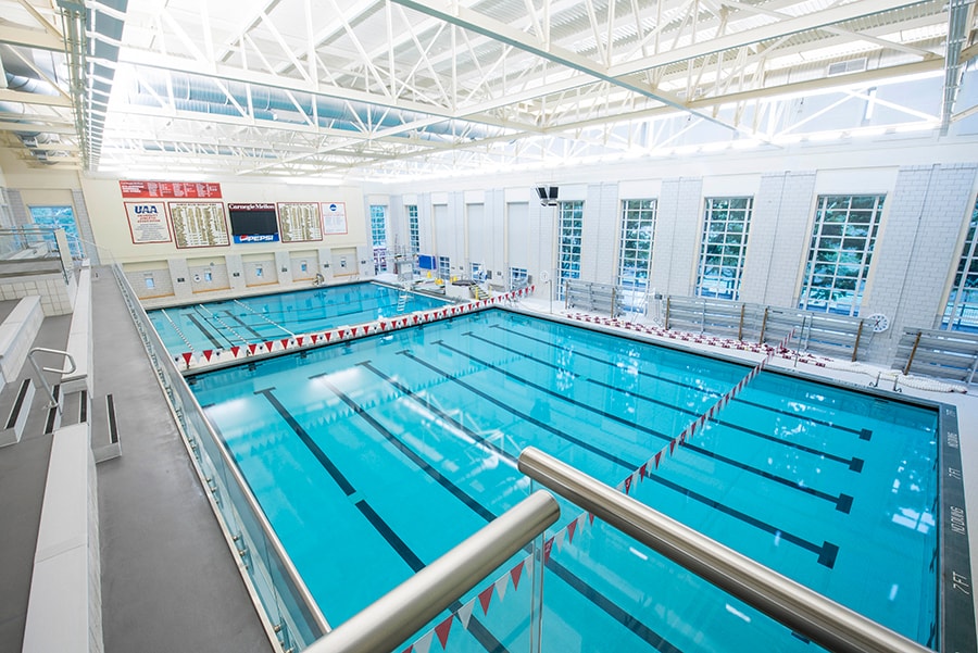 Photo of Swimming and Diving Pool from above showing eight lanes
