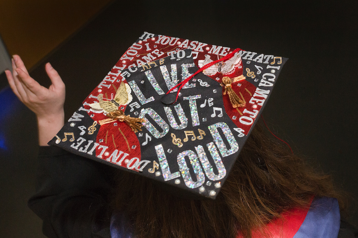 Student graduation cap at 2019 English Diploma Ceremony.