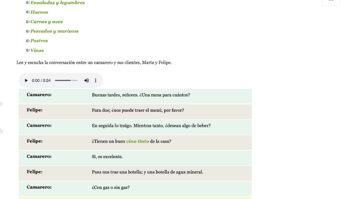 Screenshot of Spanish vocabulary exercise
