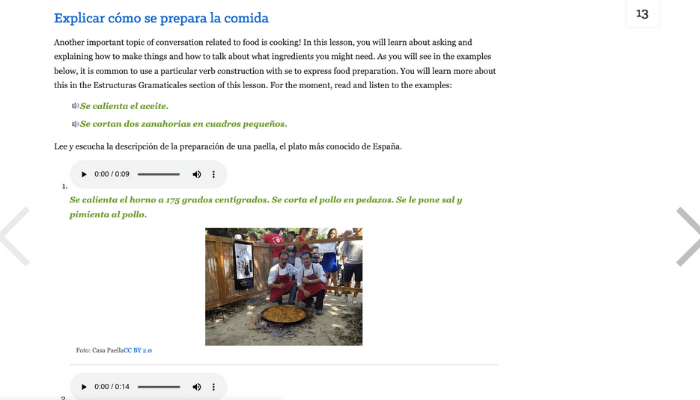 Screenshot of Spanish cooking lesson with text, audio, and images