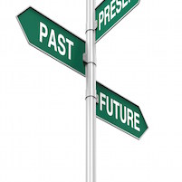 a signpost with arrows pointing to past, present and future