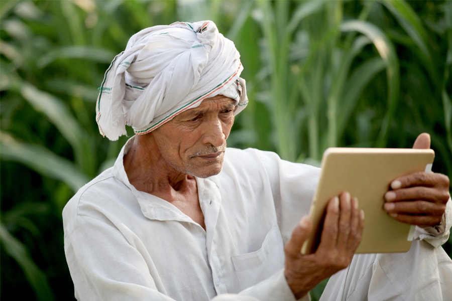 A rural farmer in India looks at an iPad in a field.