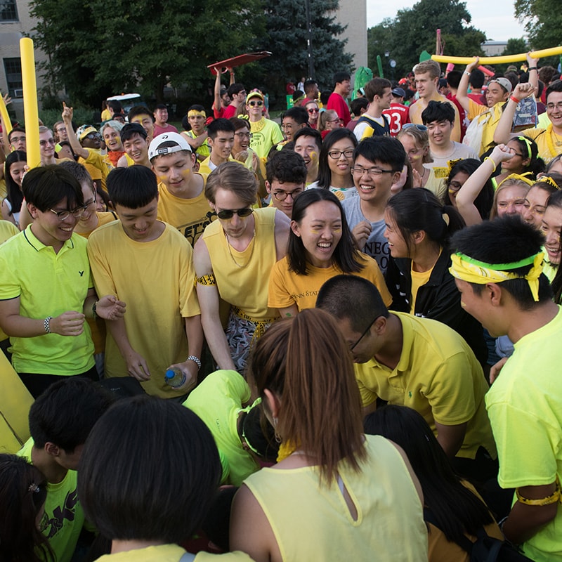 Photo of first-year students smiling and laughing at House Wars