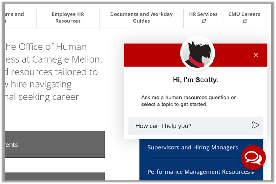 Screenshot of Scotty Chatbot on HR homepage