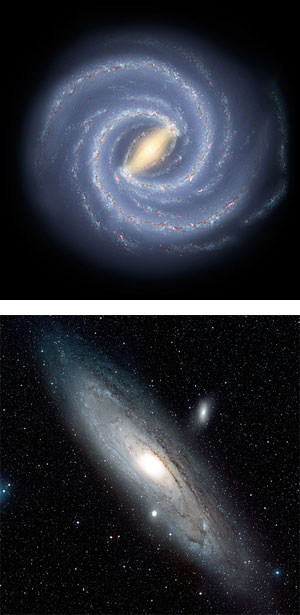 Using a new measurement technique, researchers have found that the Milky Way (artist rendition top) has half the mass of the Andromeda Galaxy (image below). Credit for Andromeda image: ESA/Hubble & Digitized Sky Survey 2, Davide De Martin. Credit for Milky Way: NASA/JPL-Caltech.