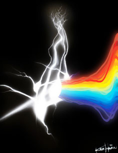 This painting represents mitral cells taking a single signal (the while line arriving from the left) and breaking it up into components, the same way a prism might break up wavelengths of light. The image illustrates that the intrinsic differences between these neurons allow the population of cells to represent more of the signal than each neuron may be able to do alone. Painting courtesy of Krishnan Padmanabhan, Carnegie Mellon University.