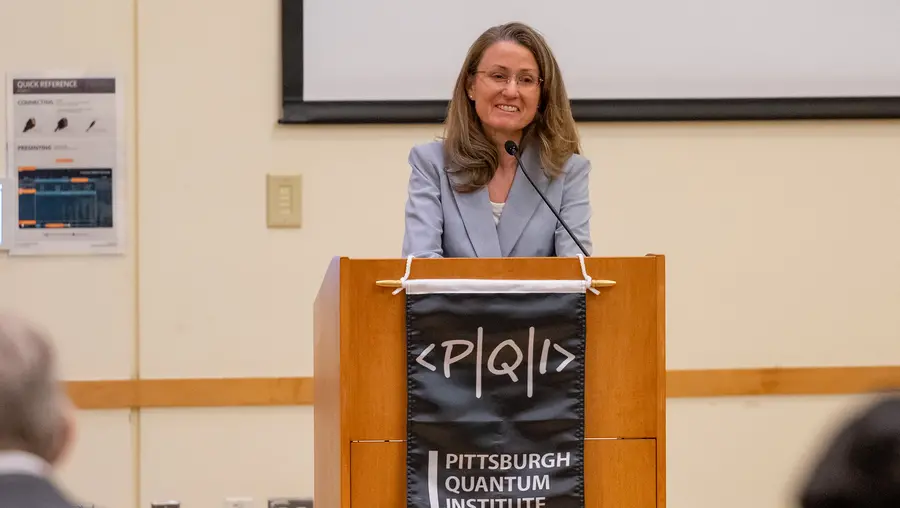 Theresa Mayer, vice president for research at Carnegie Mellon, gave the opening remarks at the PQI conference.