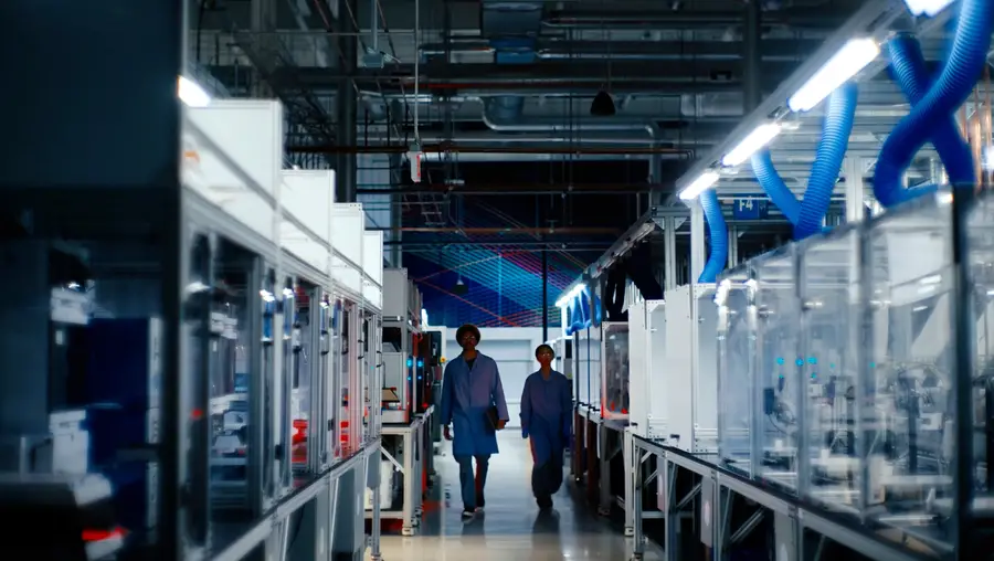 Two people walk through the Bakery Square lab.