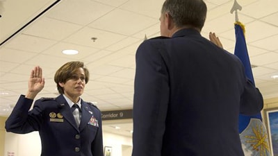 Lt. Gen. Gina Grosso being sworn in as head of human resources for the Air Force