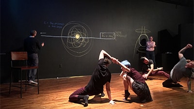 Image of performers dancing, chalking and playing music