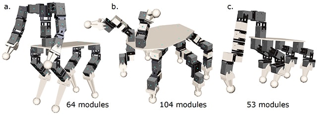 Image of three robots that use a different number of modules in different configurations
