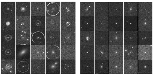 Image of black and white galaxies some with arcs around them