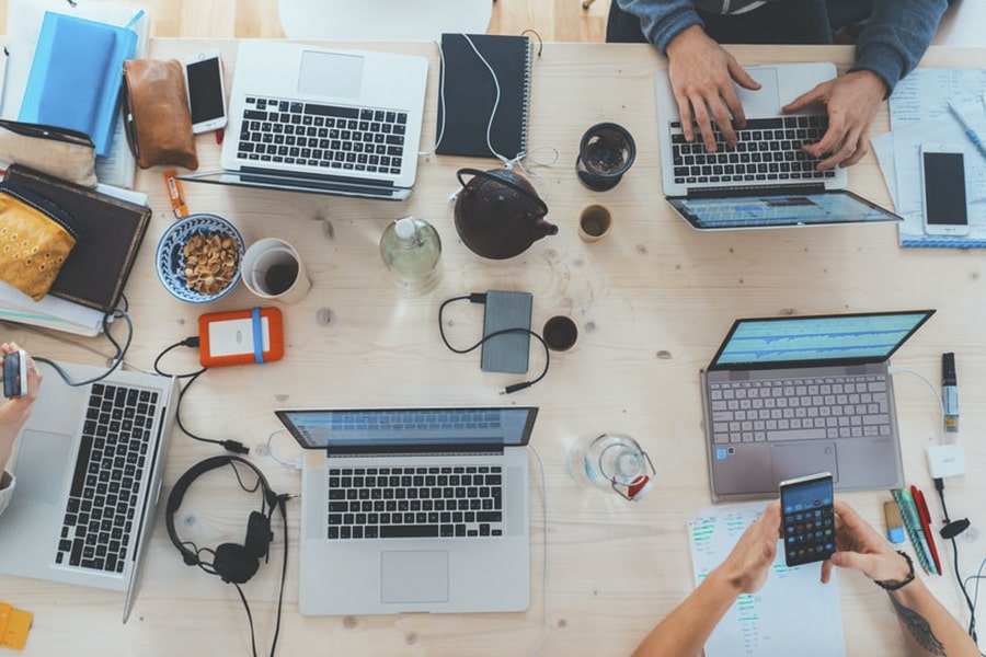 A desk with computers