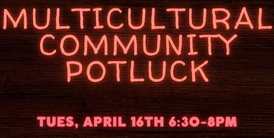 Event poster with text multicultural community potluck