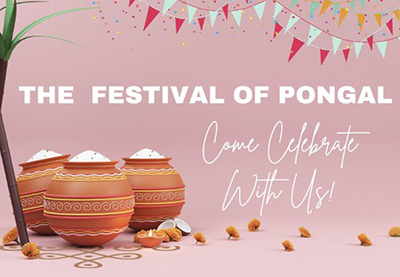 Event poster with images of clay jars, flowers and candles, with text that reads the festival of pongal, come celebrate with us