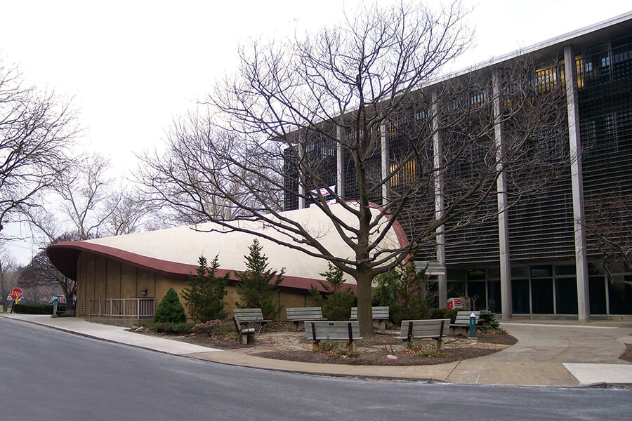 the original Scaife Hall with its curved auditorium roof