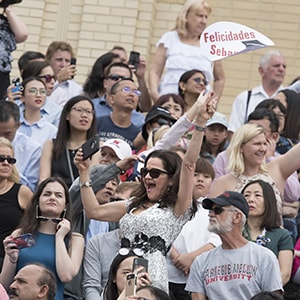 A photo of parents cheering at the 2018 Commencement