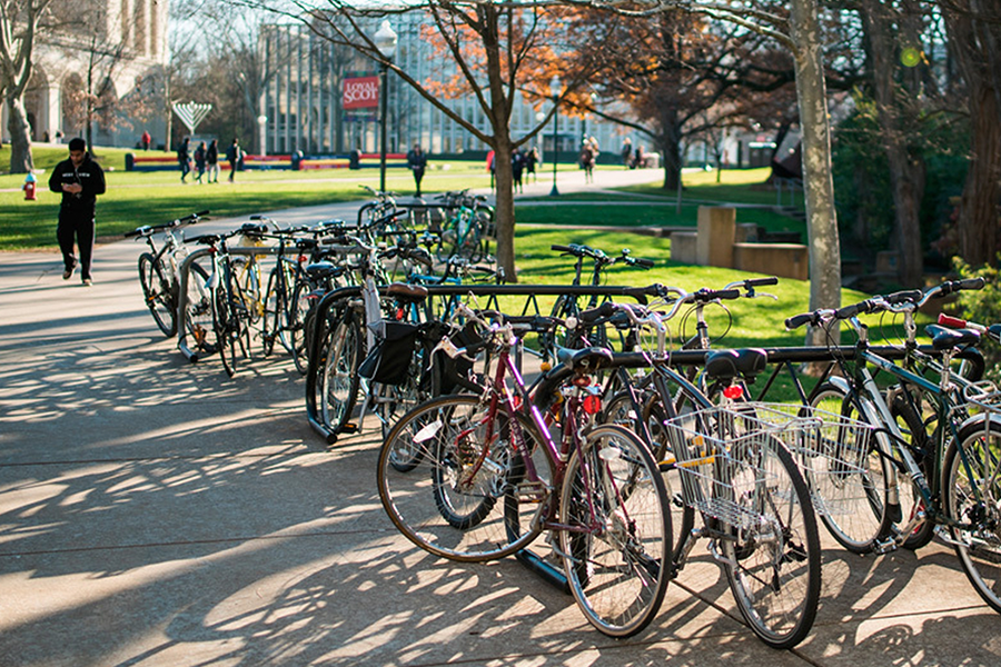 view of bike rack and bikes on CMU's campus