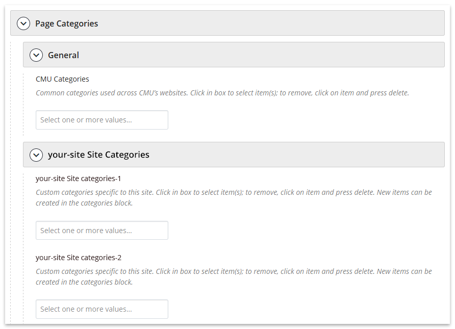 Selecting page categories in the user interface