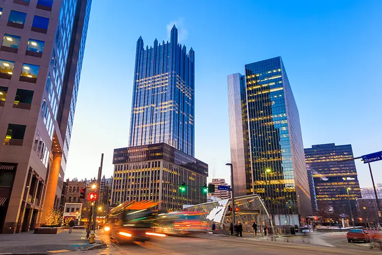 Downtown Pittsburgh at dawn.