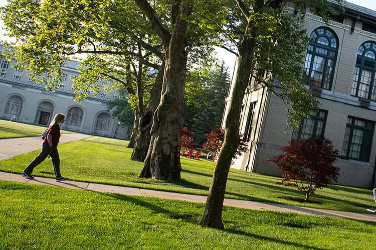 Outside on campus in spring