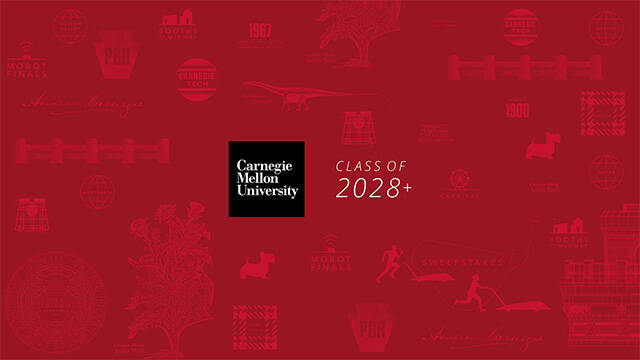 CMU logo in a square with Class of 2028+ and background images related to CMU.