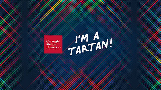 CMU logo in a square with tartan pattern and I'm a Tartan!