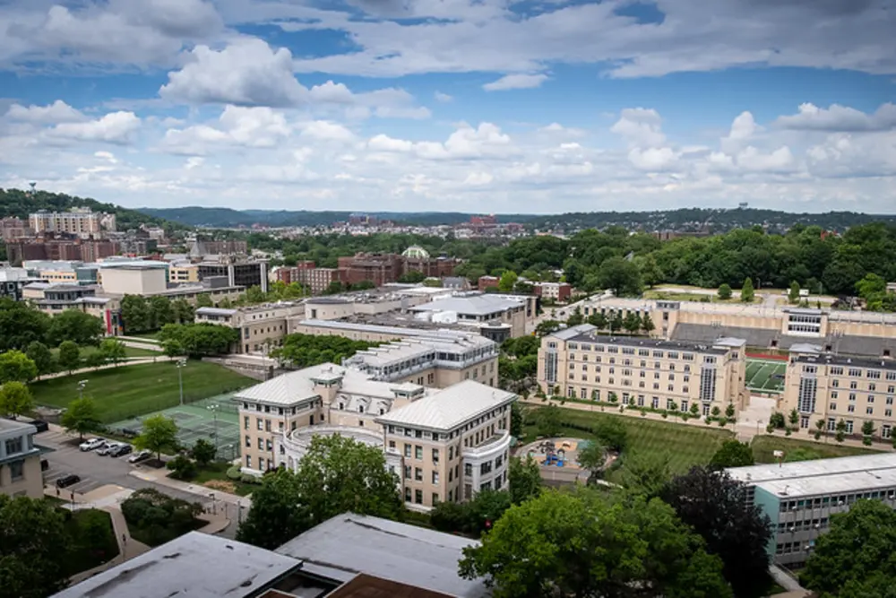 Aerial view of campus in the spring