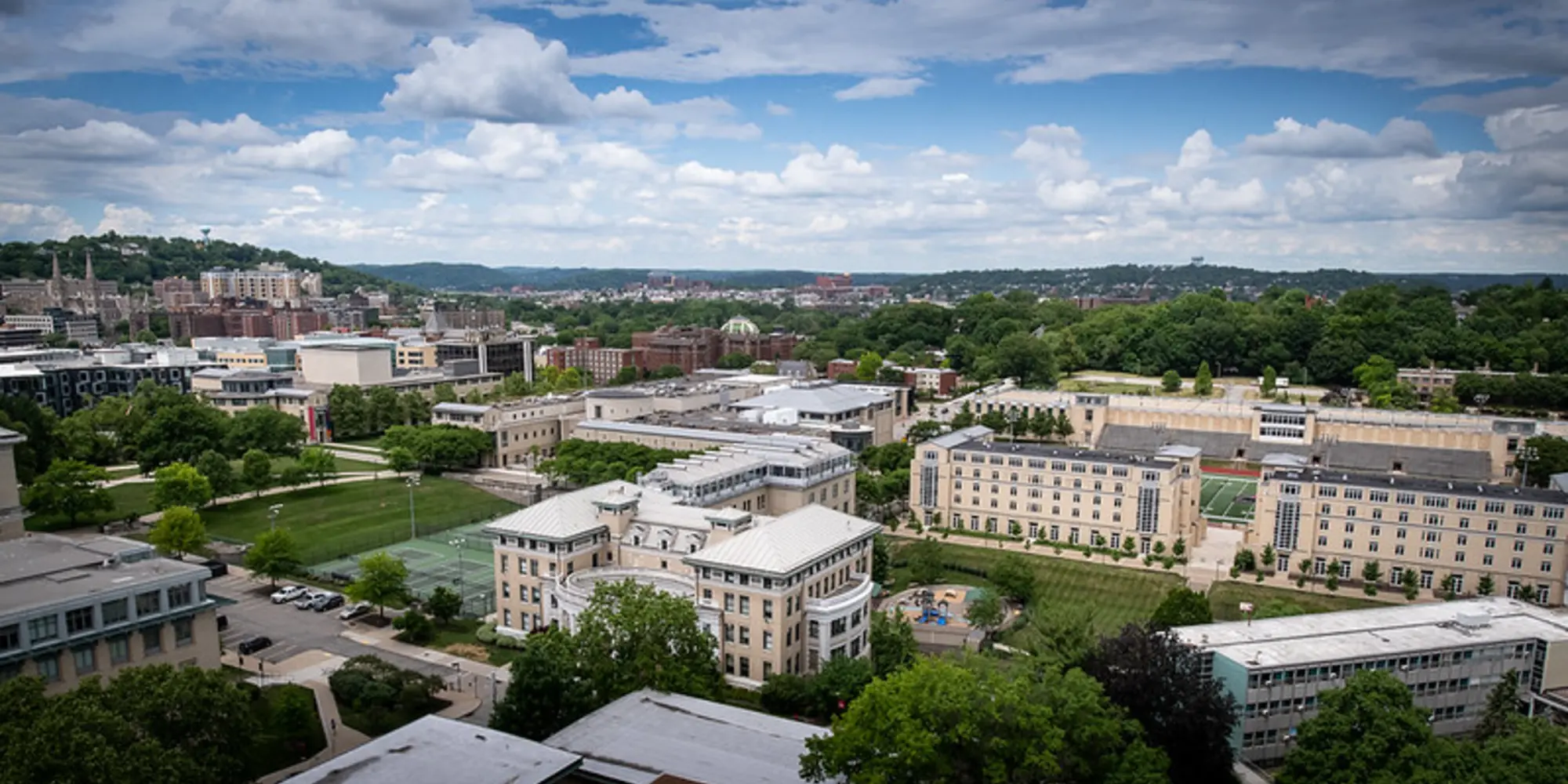Aerial view of campus in the spring