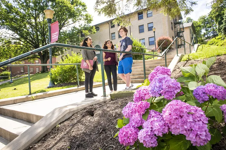 CMU campus outdoor shot of three individuals talking and laughing
