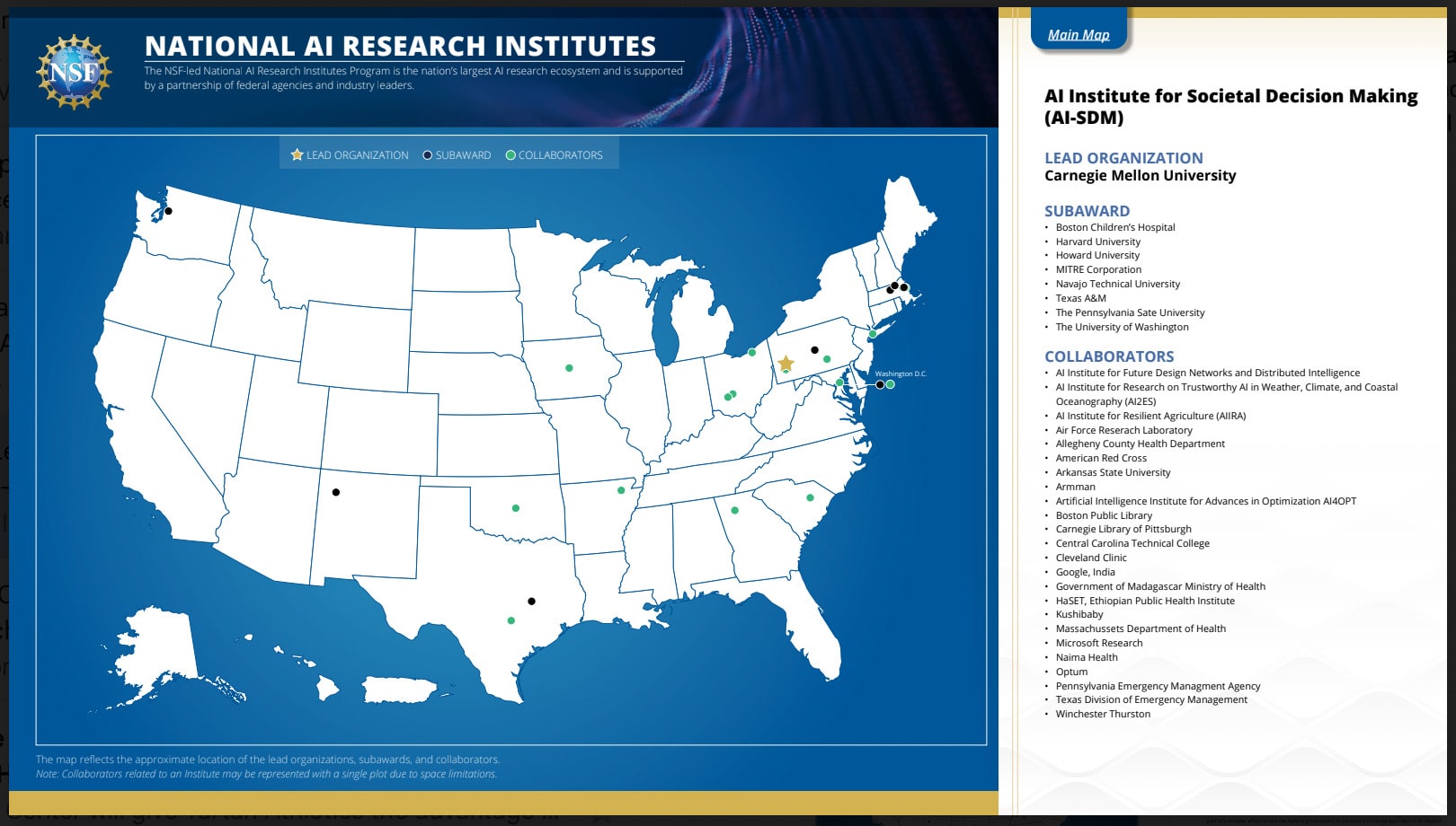 Map with the location of each collaborating organization marked with a star.