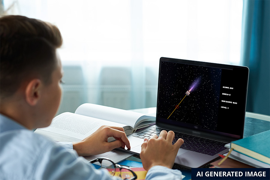 A student sits facing a lap top that has a graphic of a small rocket-like object zooming on a dark background