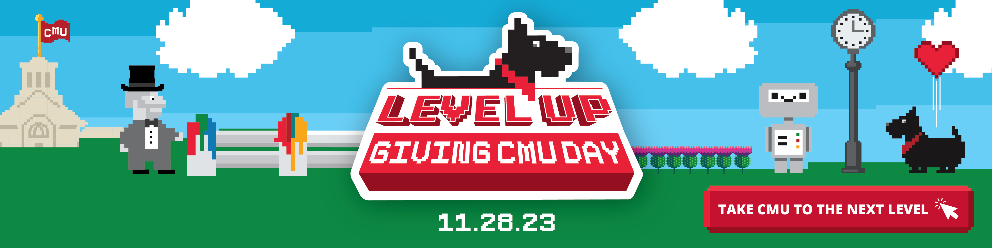 8Bit gaming logo for Giving CMU Day that reads Level Up: Giving CMU Day, 11/28/23, Take CMU to the next level.