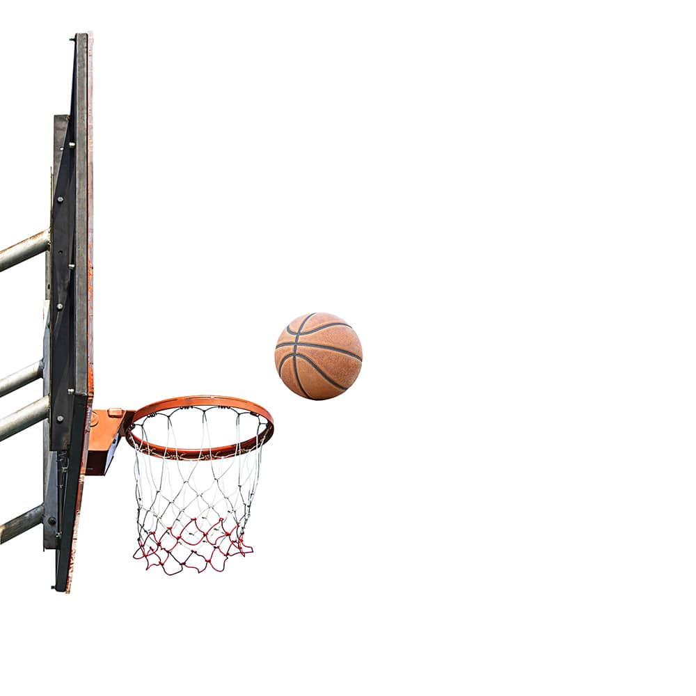 A photo of a basketball going into a hoop