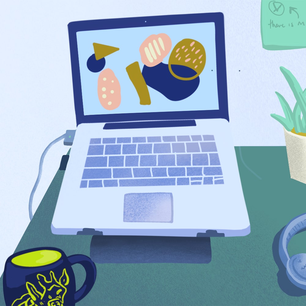 An illustration of a desk with a computer and mug