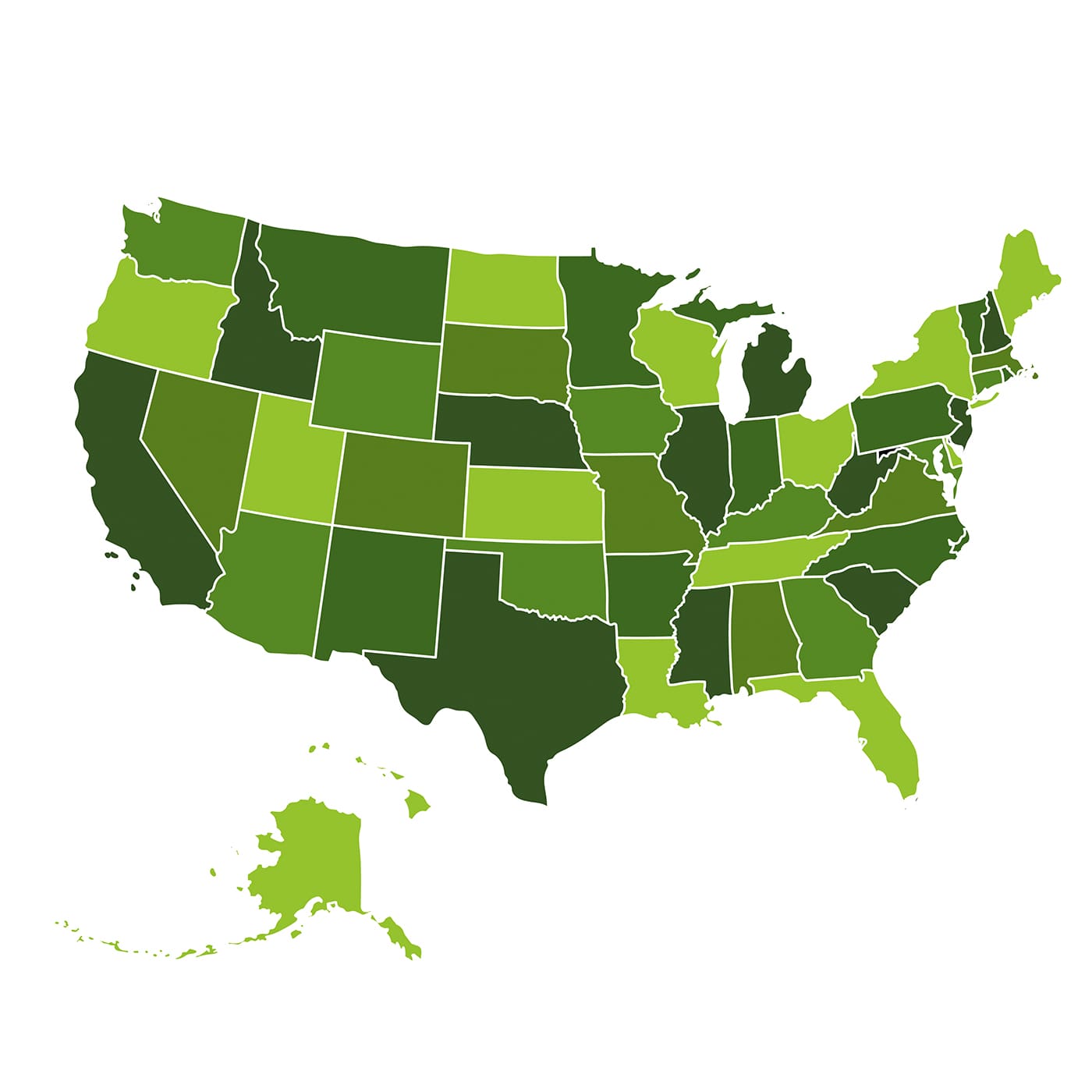 A green map of the U.S.A.