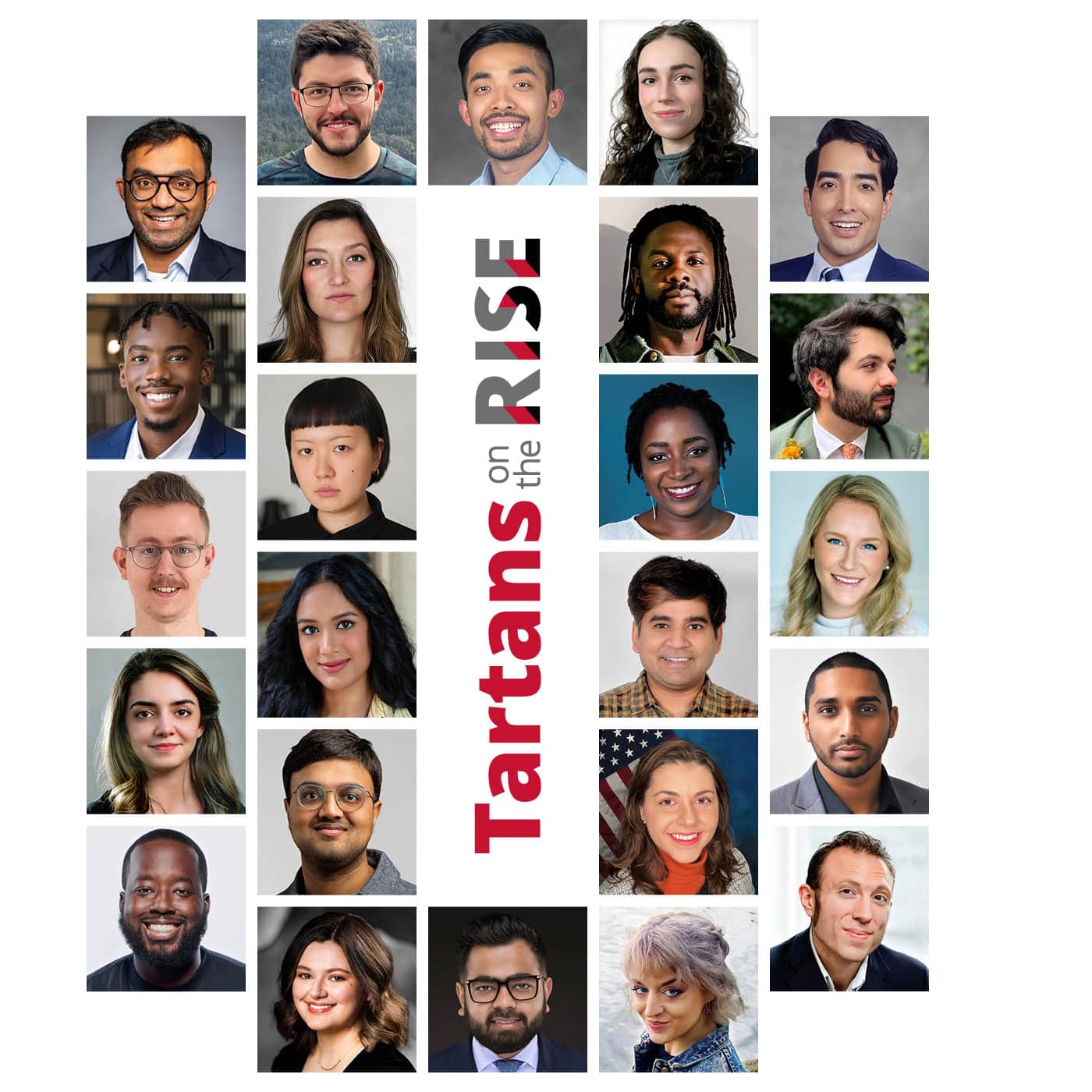 A collage of headshots with the words "Tartans on the Rise" running up the center