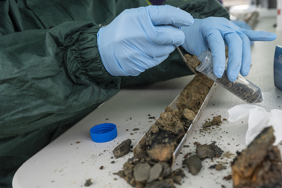 Latex glove-covered hands scoop soil from a long tube into a plastic test tube.