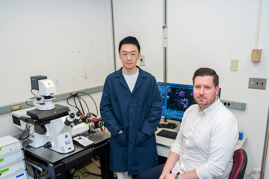 Haoran Wang stands next to a microscope. He is wearing a blue lab coat. Jon Henninger sits next to Haoran next to a computer monitor showing the microscope images.