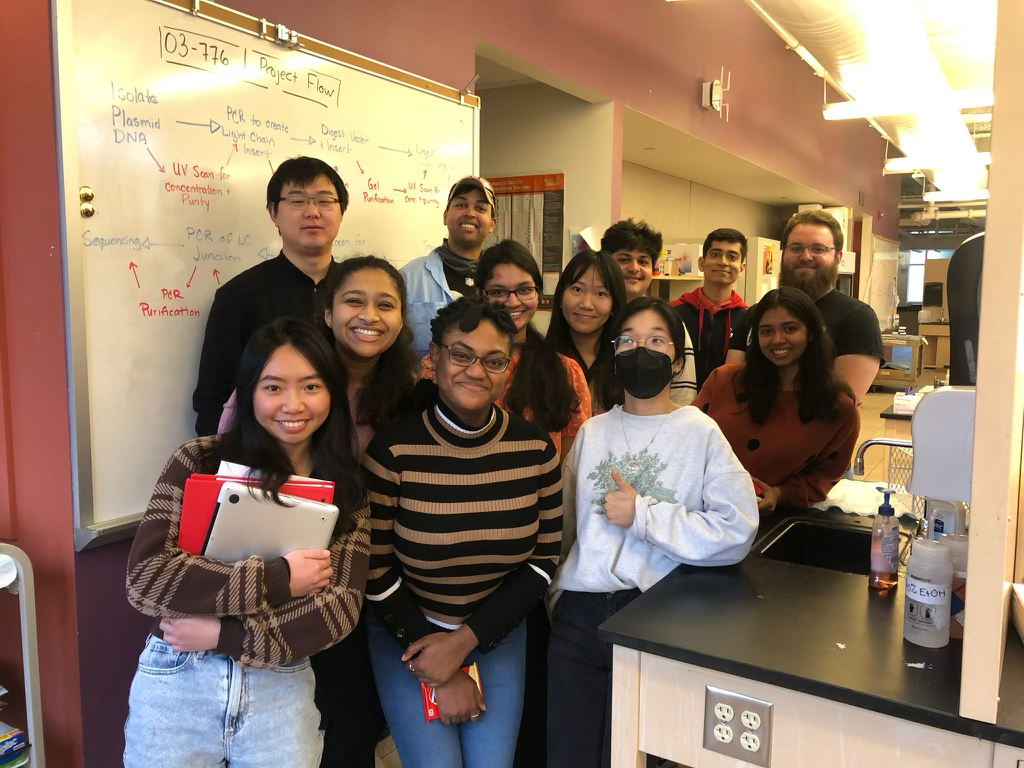 Ashni Arun (middle row, left) with her MS-BTPE cohort on the last day of a biology lab course.