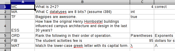 Test Questions in Excel Screenshot